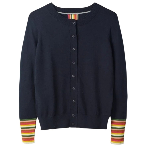 Boden Navy Cardigan with Multicolor Striped Cuffs Women's Size Xsmall - Picture 5 of 14